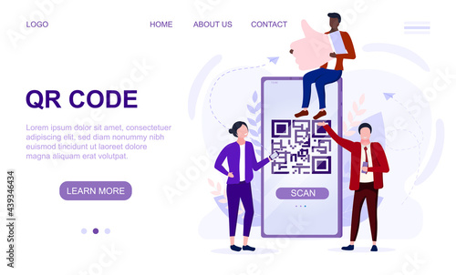 Male and female characters are using smartphone and scan qr code for payment