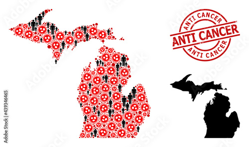 Collage map of Michigan State composed of sars virus items and men items. Anti Cancer textured seal. Black men items and red flu virus icons. Anti Cancer message is inside round seal stamp.