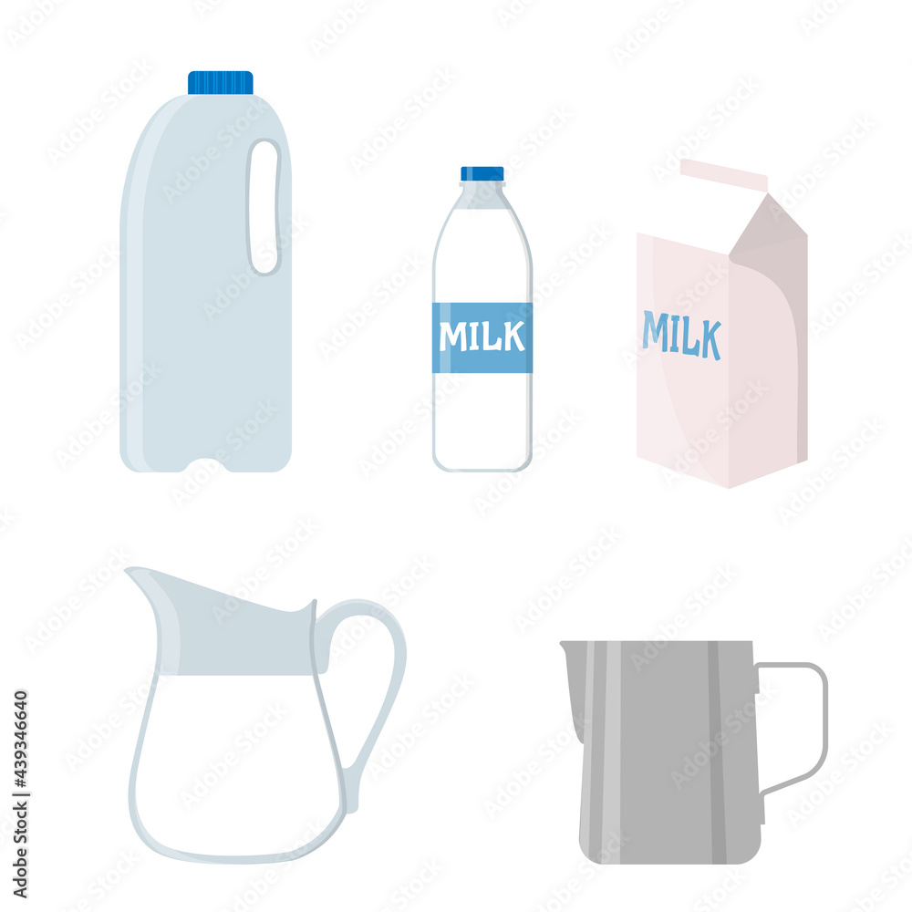 Different containers with milk. Collection of glass, jug, carton and bottles in cartoon style. Different containers with milk. Collection of glass, jug, carton and bottles in cartoon style.