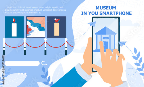 Hand holding smartphone with online museum application