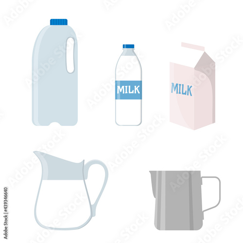  Different containers with milk. Collection of glass, jug, carton and bottles in cartoon style.