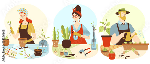 Set of people planting home garden flat vector illustration isolated on white.