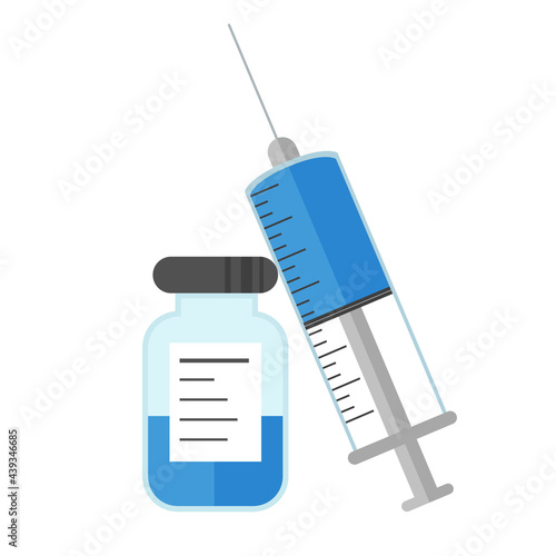Syringe and vaccine. Vactination concept flat illustration. Immunization and treatment from virus infection. Vaccine and syringe injection. Coronavirus (COVID-19).