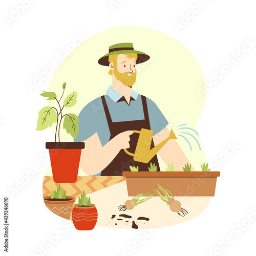 Man watering and care for house green potted plants on city balcony.