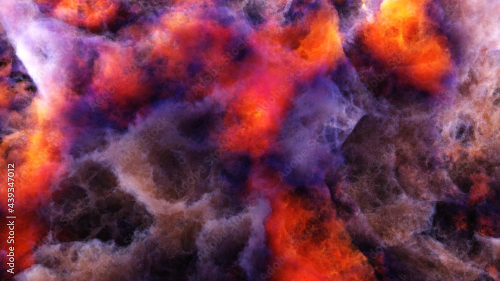 3D rendering of orange-grey colorful nebula and cosmic gas clusters in deep space. Abstract fog nackground.