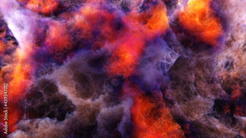 3D rendering of orange-grey colorful nebula and cosmic gas clusters in deep space. Abstract fog nackground.