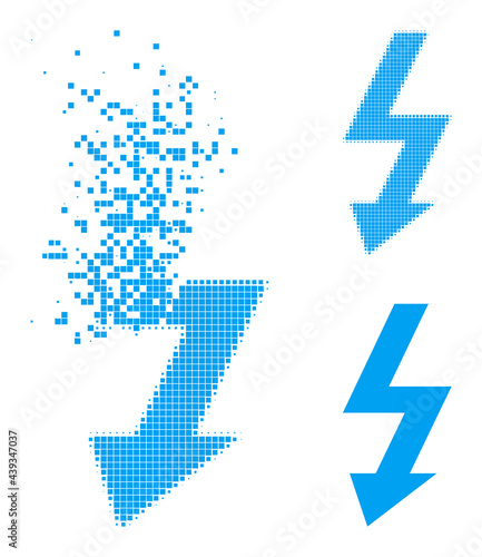 Destructed dotted high voltage pictogram with destruction effect, and halftone vector pictogram. Pixel dissolution effect for high voltage shows speed and movement of cyberspace items.