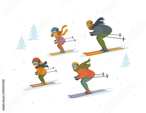 cute cartoon family skiing downhill isolated vector illustration winter sports scene