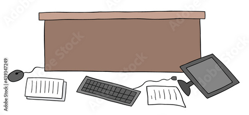 Cartoon vector illustration of messy office desk, computer and papers on the floor