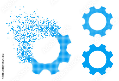 Dissipated pixelated gear icon with wind effect, and halftone vector pictogram. Pixel erosion effect for gear gives speed and movement of cyberspace items.