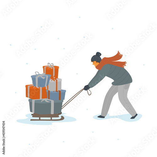 man pulling sled full of gift boxes christmas presents isolated vector illustration scene