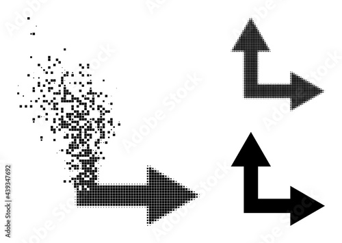 Dissipated pixelated bifurcation arrow right up pictogram with wind effect, and halftone vector pictogram.
