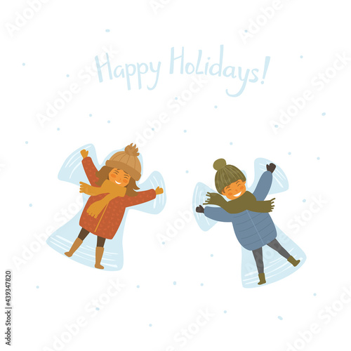 cute happy children making snow angel, isolated cartoon vector illustration graphic photo