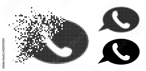 Dissolving pixelated phone message glyph with destruction effect, and halftone vector image. Pixelated dissolving effect for phone message gives speed and motion of cyberspace things.