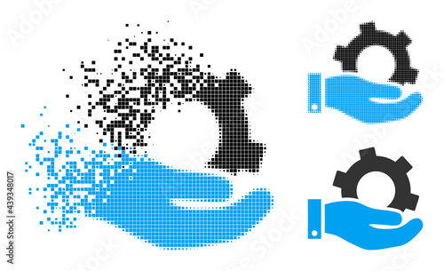 Dissolved pixelated service glyph with destruction effect, and halftone vector composition. Pixelated dispersing effect for service reproduces speed and movement of cyberspace things.