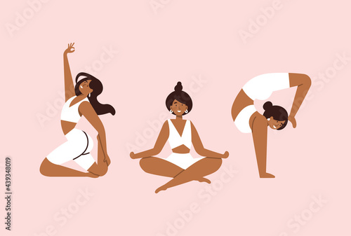 Vector illustration set with young women doing yoga exercising. Various of yoga poses.