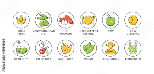 Vector set of logos, badges and icons for natural and health products. Collection symbol of healthy eating and various of dieting.