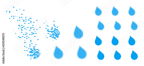 Dissolving pixelated drops icon with wind effect, and halftone vector image. Pixelated dissolving effect for drops demonstrates speed and movement of cyberspace things.