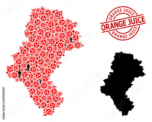 Collage map of Silesia Province composed of SARS virus elements and demographics elements. Orange Juice scratched stamp. Black man items and red sars virus icons.