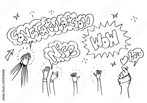 Applause hand draw on white background with congratulation,wow,nice,love  text.vector illustration.