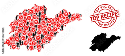 Mosaic map of Shandong Province composed of SARS virus icons and population items. Top Recipes distress watermark. Black people icons and red SARS virus icons.