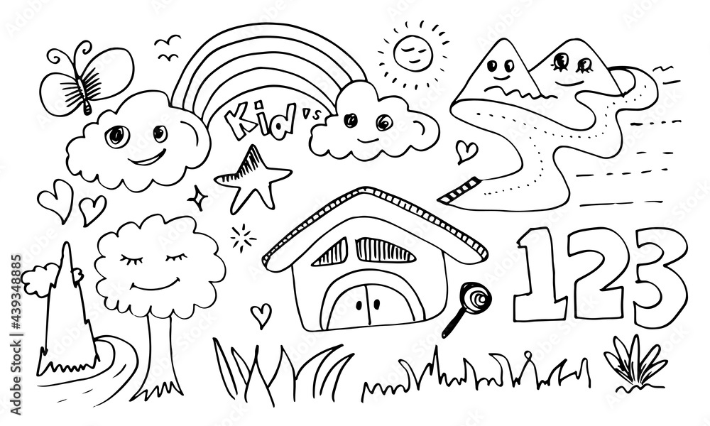 Obraz premium Vector illustration of Doodle cute for kid, Hand drawn set of cute doodles for decoration on white background.