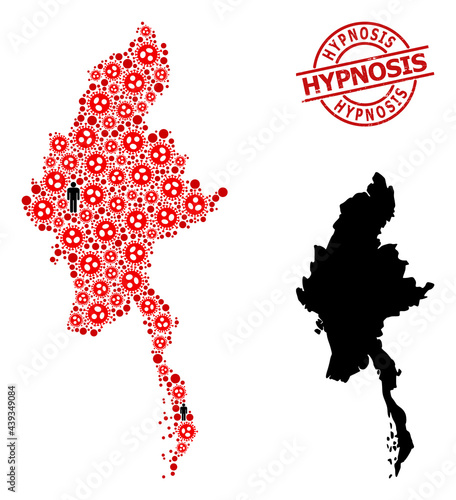 Mosaic map of Myanmar designed from SARS virus items and humans items. Hypnosis scratched seal stamp. Black men items and red sars virus elements. Hypnosis message inside round seal stamp.