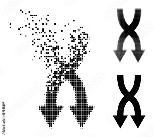 Dust dot shuffle arrows down pictogram with wind effect, and halftone vector pictogram. Pixel disappearing effect for shuffle arrows down shows speed and motion of cyberspace things.