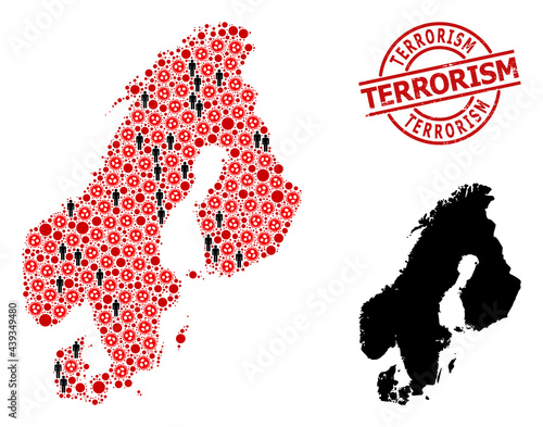 Mosaic map of Scandinavia composed of covid virus items and population items. Terrorism grunge seal stamp. Black person elements and red sars virus items. Terrorism caption is inside round stamp.
