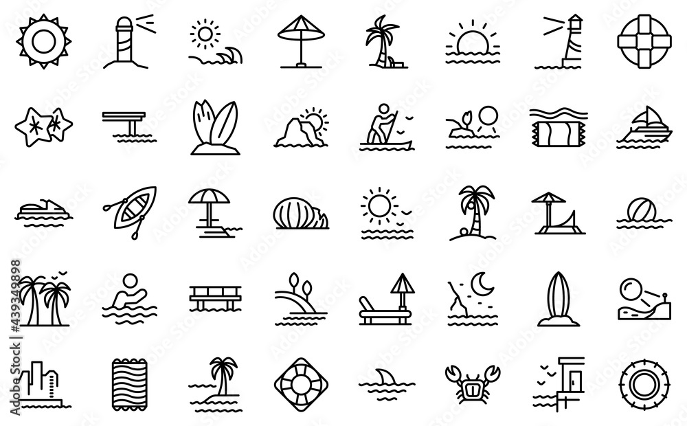 Seaside icons set. Outline set of seaside vector icons for web design isolated on white background Seaside icons set. Outline set of seaside vector icons for web design isolated on white background