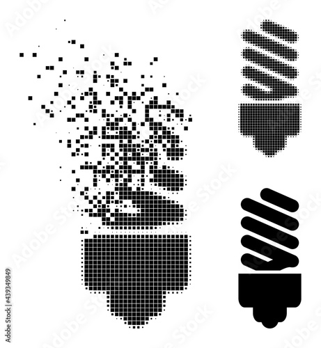 Damaged dotted fluorescent bulb pictogram with destruction effect, and halftone vector pictogram. Pixelated dispersing effect for fluorescent bulb shows speed and movement of cyberspace objects.