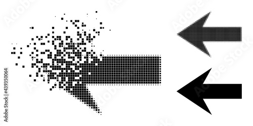 Fractured dot arrow left icon with wind effect, and halftone vector icon. Pixelated degradation effect for arrow left shows speed and movement of cyberspace objects.