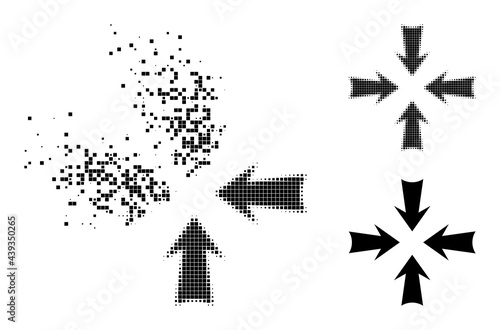 Dissipated pixelated reduce arrows icon with destruction effect  and halftone vector composition. Pixelated defragmentation effect for reduce arrows shows speed and motion of cyberspace concepts.