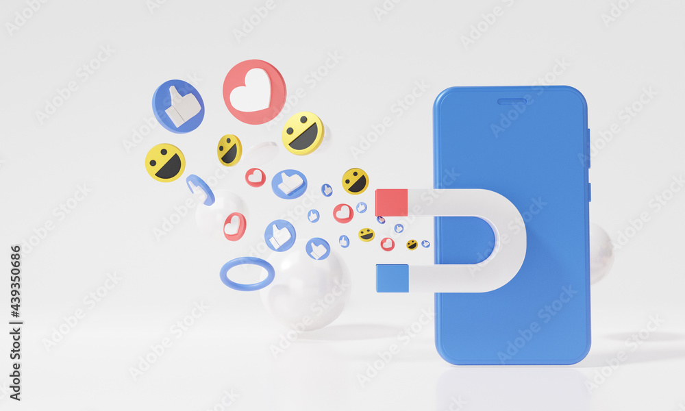 Fototapeta premium Smartphone magnet attracting digital marketing Social media online concept with show emoji, heart, like, smile to communicate digitally minimal on white background, banner, website, 3d rendering