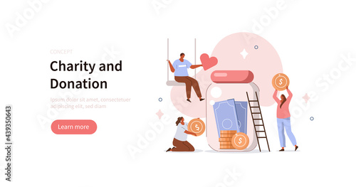 People characters donating money for charity. Volunteers collecting and putting coins in donation jar. Charity financial support and fundraising concept. Flat cartoon vector illustration.
