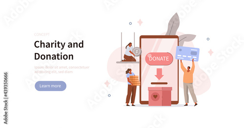People characters donating money. Volunteers putting coins in donation box and paying with credit card online. Financial support and fundraising concept. Flat cartoon vector illustration.