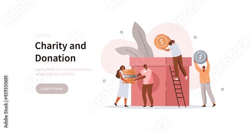 People characters donating money. Volunteers putting coins in big donation box. Financial support and fundraising concept. Flat cartoon vector illustration.