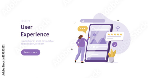 Character testing user interface and usability for mobile app. Customer or tester giving feedback on smartphone. Customer experience and mobile development concept. Flat cartoon vector illustration.