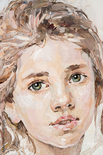 The painting is created in oil with expressive brush strokes. A young girl is depicted on a beige background.
