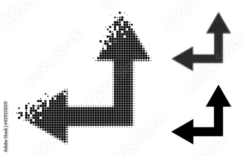 Fragmented pixelated bifurcation arrow left up glyph with destruction effect, and halftone vector pictogram.