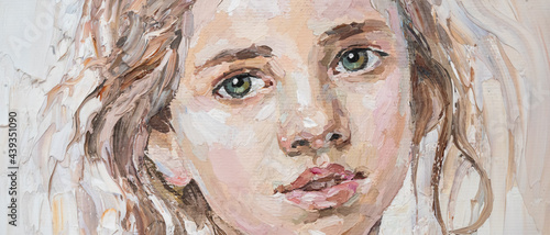 Fototapeta Naklejka Na Ścianę i Meble -  The painting is created in oil with expressive brush strokes. A young girl  is depicted on a beige background.