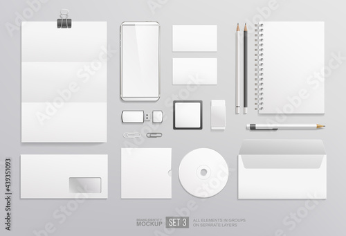 White Stationery items blank mockup set for Corporate Brand Identity design. Business Stationery mockup of white phone, blank, notebook, envelope, letter, business card, envelope