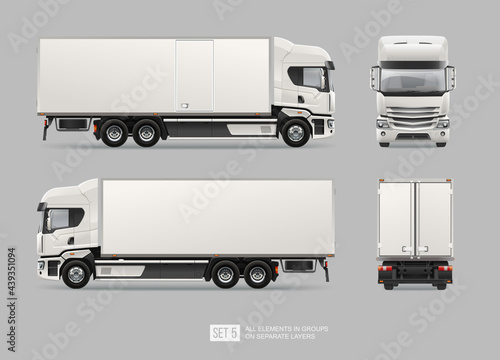 White Delivery Cargo Truck vector template for brand identity mockup design advertising. Realistic Corporate Truck Hi-detailed layout. Front and back view truck template