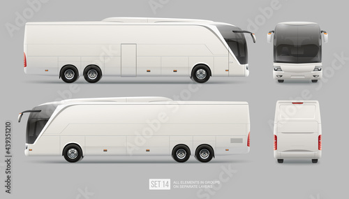 Realistic Coach bus blank mockup template. Travel Bus for brand identity design and advertising. Side view vector Bus template