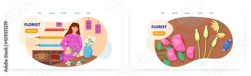 Florist designer landing page design, website banner vector template set. Woman shop assistant making bouquet of flowers