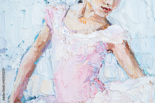 Little pretty ballerina in the pink dress on the white abstract background. Palette knife technique of oil painting and brush. © Mariia