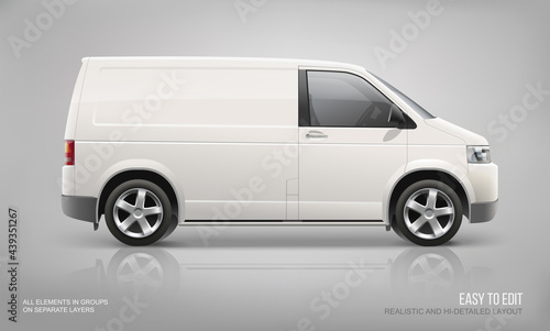 White Cargo Delivery Van realistic vector for Mockup Branding and Corporate identity design. Delivery  service transport. White Cargo Van isolated on grey background