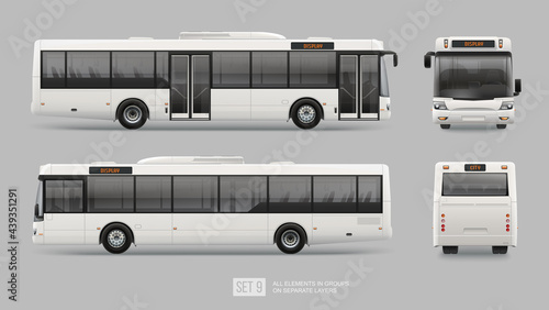 Realistic Vector Passenger Bus for mockup, brand identity design and advertising presentation. White City Bus template isolated on grey background. Side view Long Passenger bus