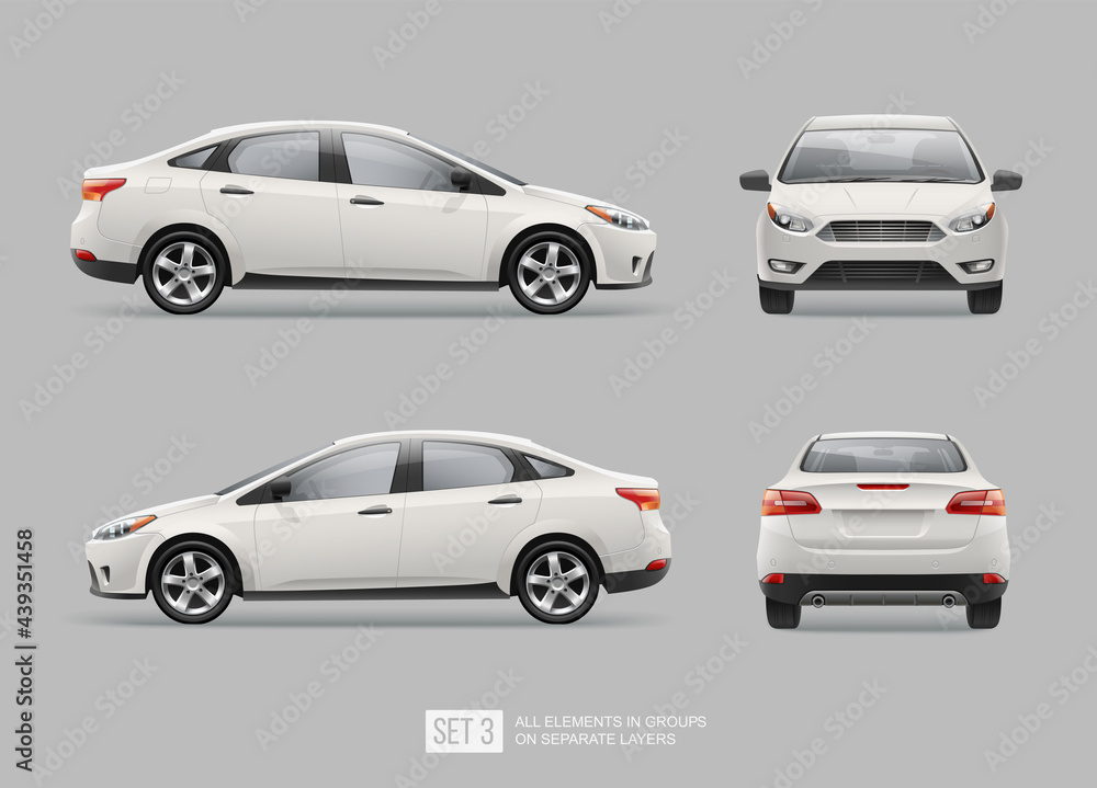 Realistic Business Car Sedan isolated from grey. Corporate Vehicle template for branding mockup and corporate identity on transport. Side view white passenger car - obrazy, fototapety, plakaty 