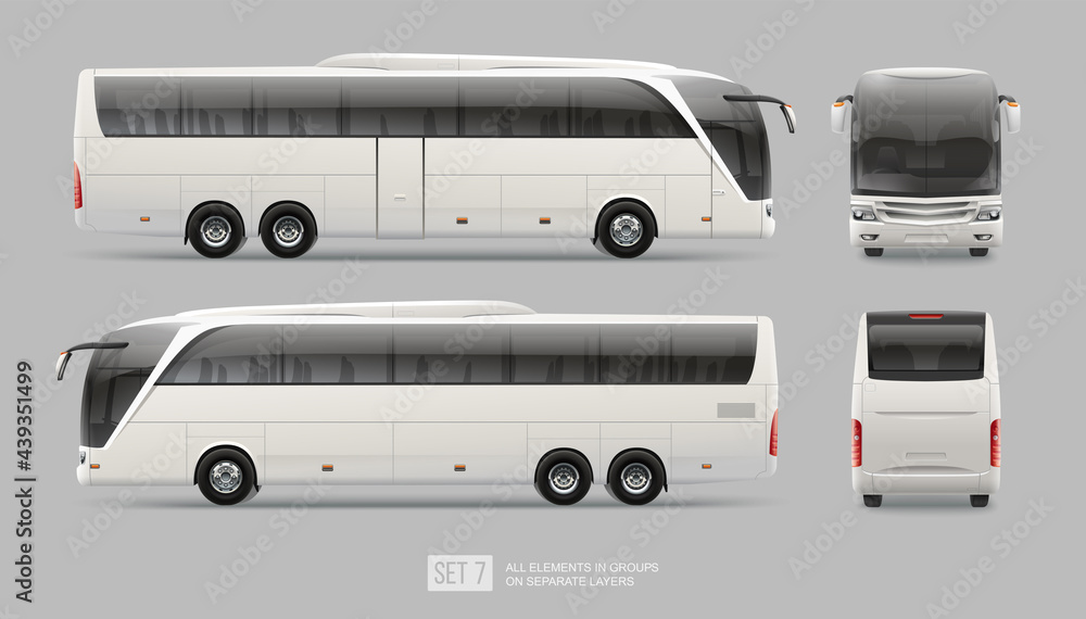 Vector  Passenger Coach bus blank surface template isolated on grey background. Travel Bus for brand identity design. Side view realistic Bus template. Side view travel coach bus - obrazy, fototapety, plakaty 